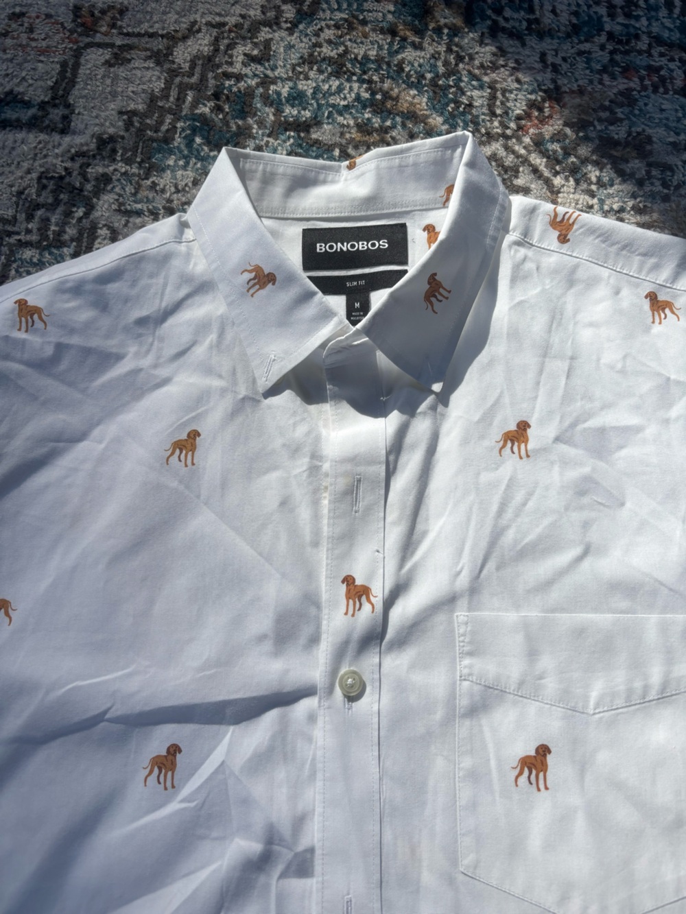 Bonobos White Button-Down Shirt with Tan Dog Embroidery